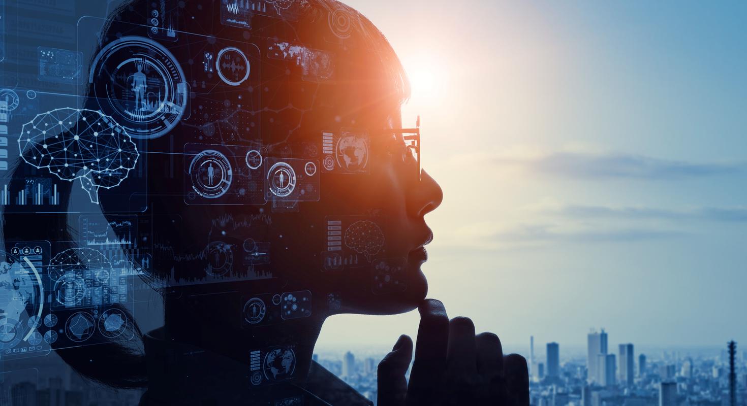 Artificial Intelligence Concept Woman Looking into the Horizon