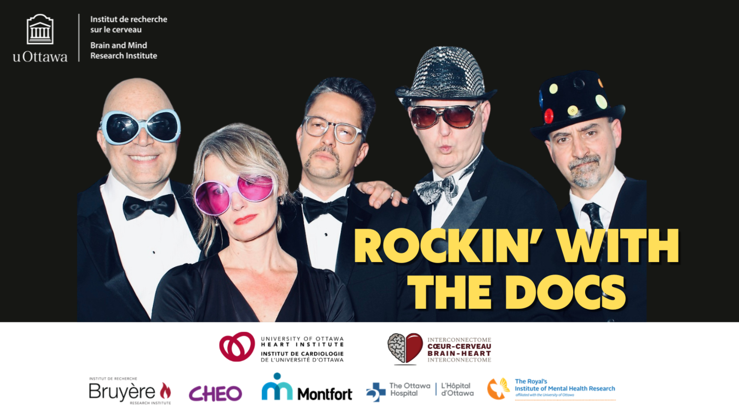 Black background with a picture of the band Phenotype. Yellow text reads "Rockin' with the Docs." The uOBMRI logo and its sponsors are listed at the bottom.