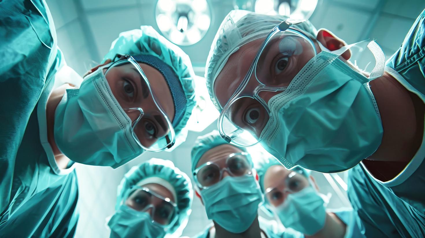 A group of funny and cheerful doctors standing in a circle, sharing smiles and camaraderie in their surgical gear