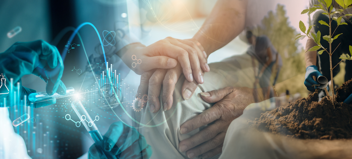 Three images transitioning into one another that depict science, clinical care and community initiative.
