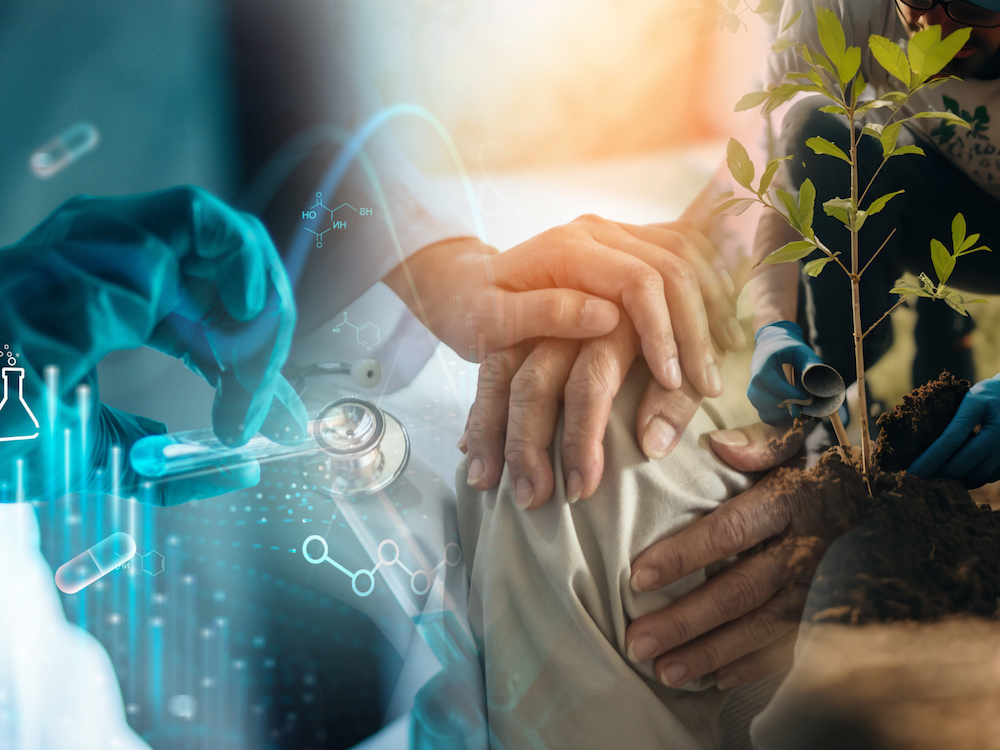Three images transitioning into one another that depict science, clinical care and community initiative. 