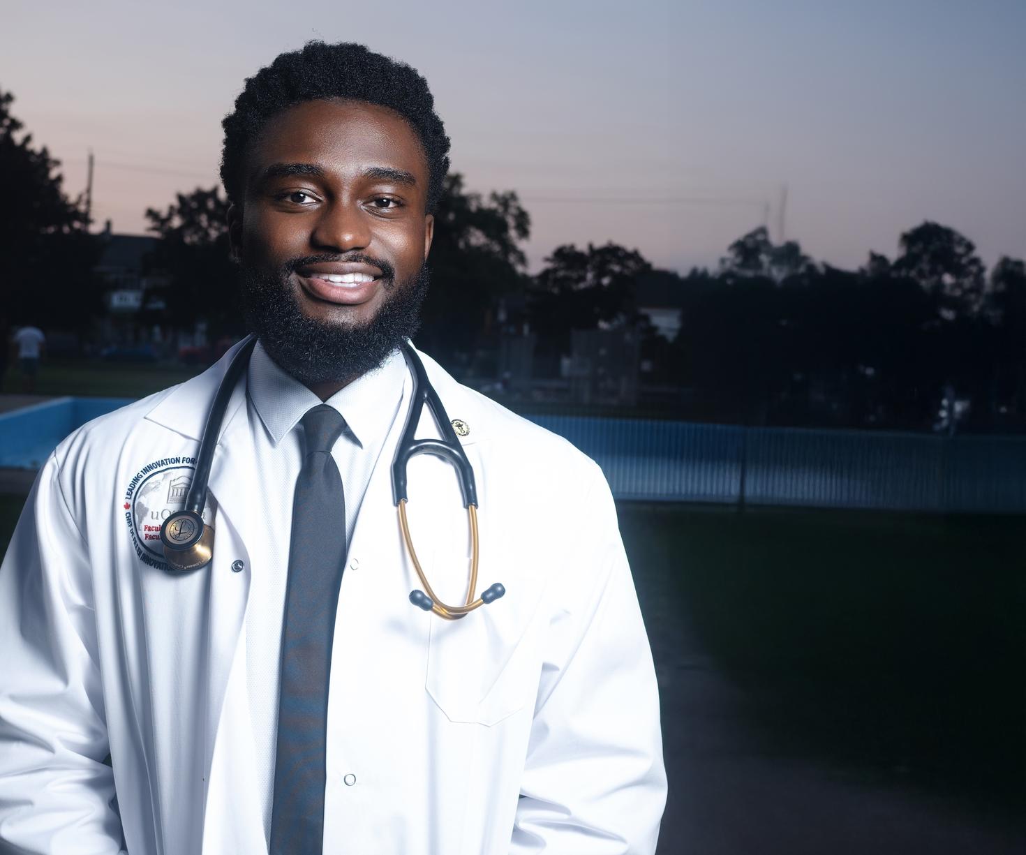 A medical student in a lab coat with a stethoscope