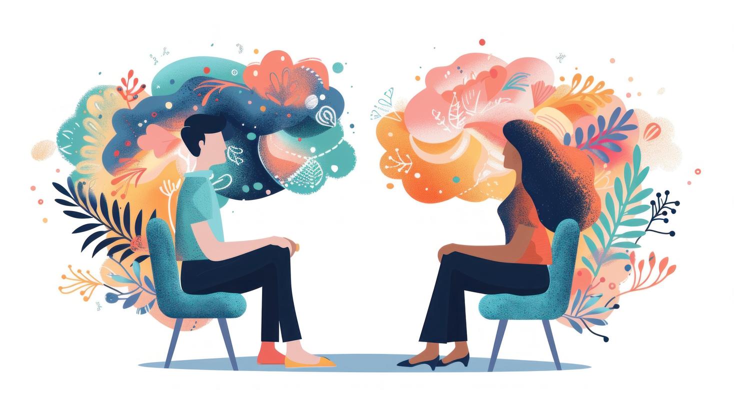 Two people seated facing each other with colorful thought clouds.