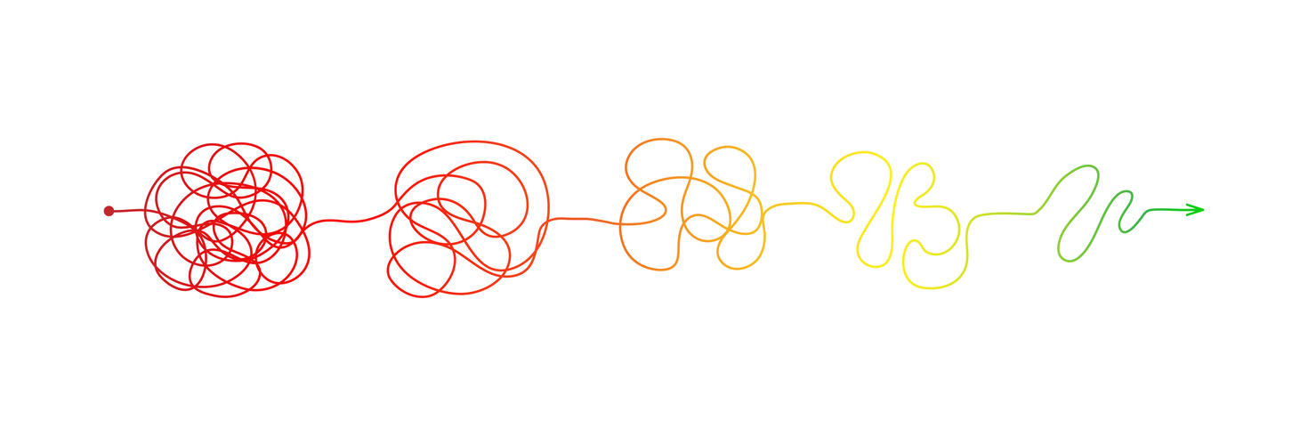 A red, tangled line gradually untangles, becoming yellow, then green, and ending in a straight line with a green arrow.