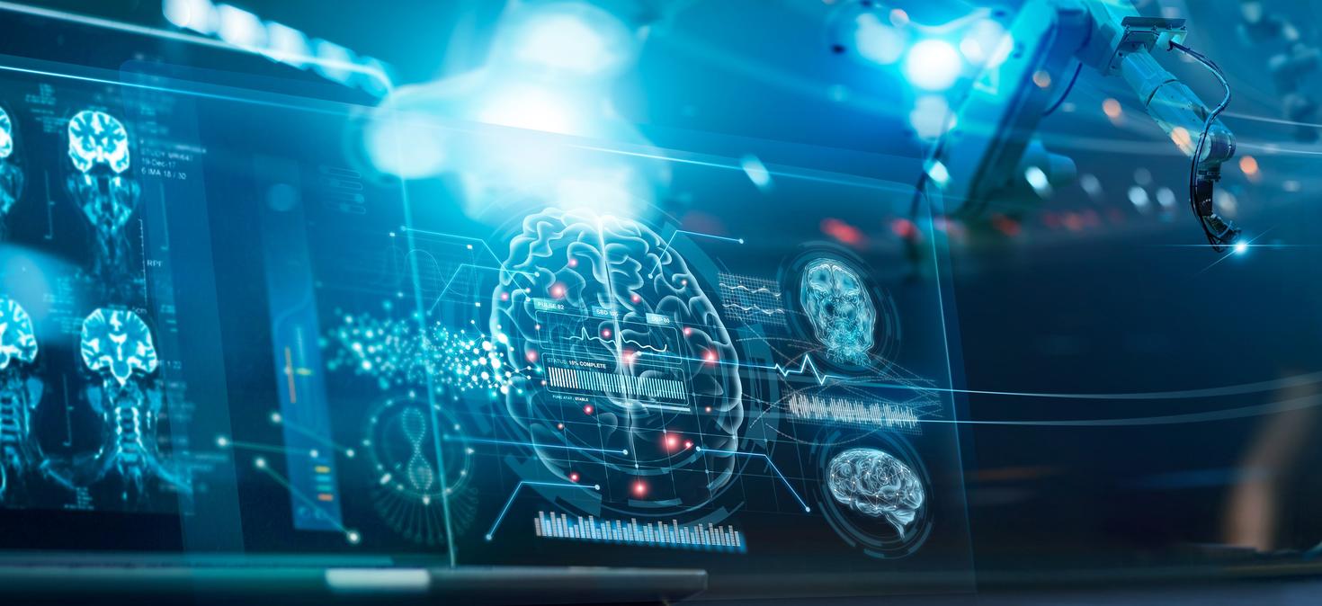 Doctor surgeon and neurologist use robotic and medical technology diagnose and examine patient brain 