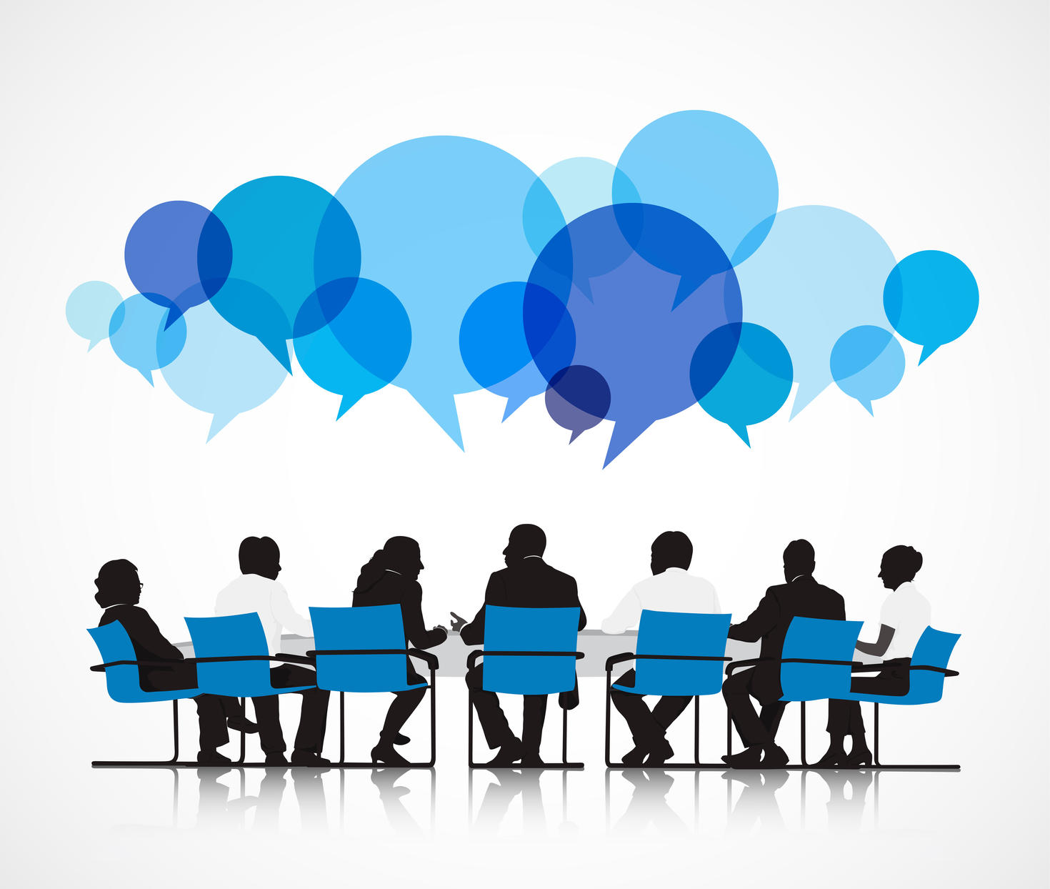 Silhouettes of people sitting around a conference table with blue speech bubbles above them, representing discussion or collaboration.