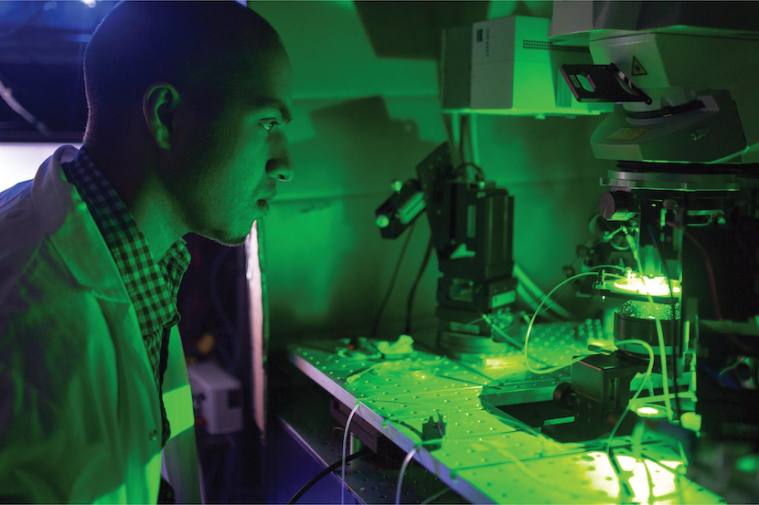 A learner working with a microscope