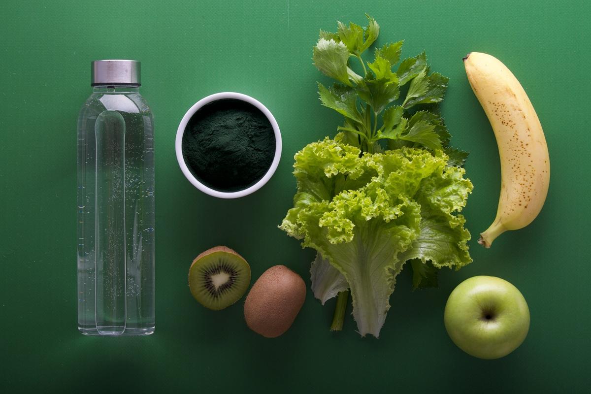 Assortment of drinks, fruits, vegetables