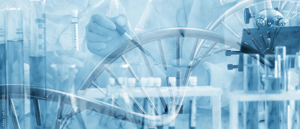 DNA double helix and laboratory equipment with a researcher using a pipette, representing biotechnology and medical research.
