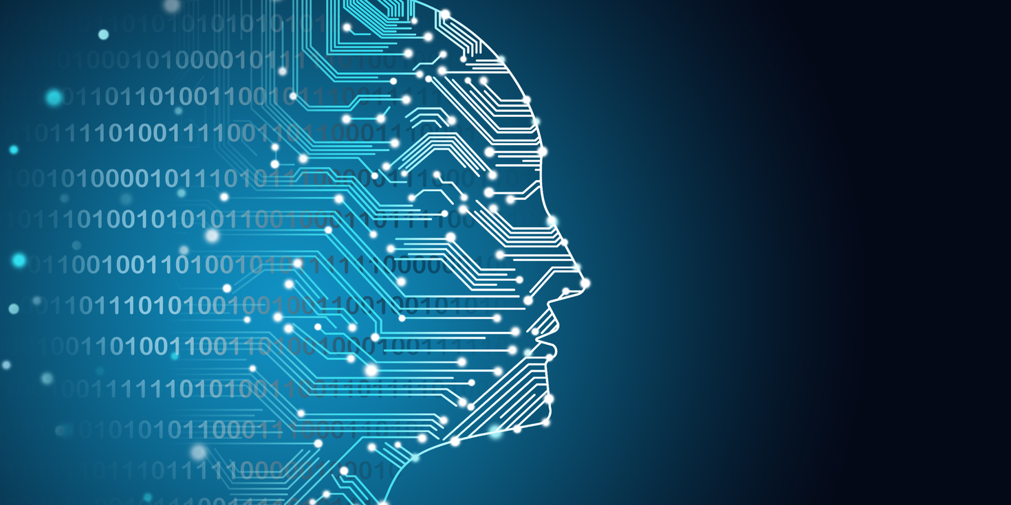 a human head silhouette with circuit lines and binary code