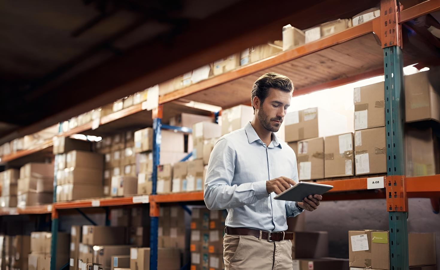 Man using a digital tablet while working in a warehouse