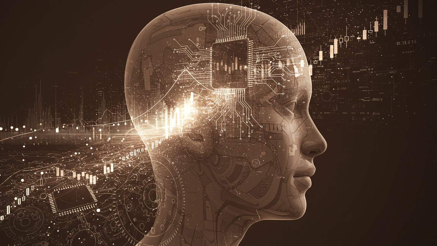 Digital illustration of a human head with embedded circuits symbolizing artificial intelligence in medicine.