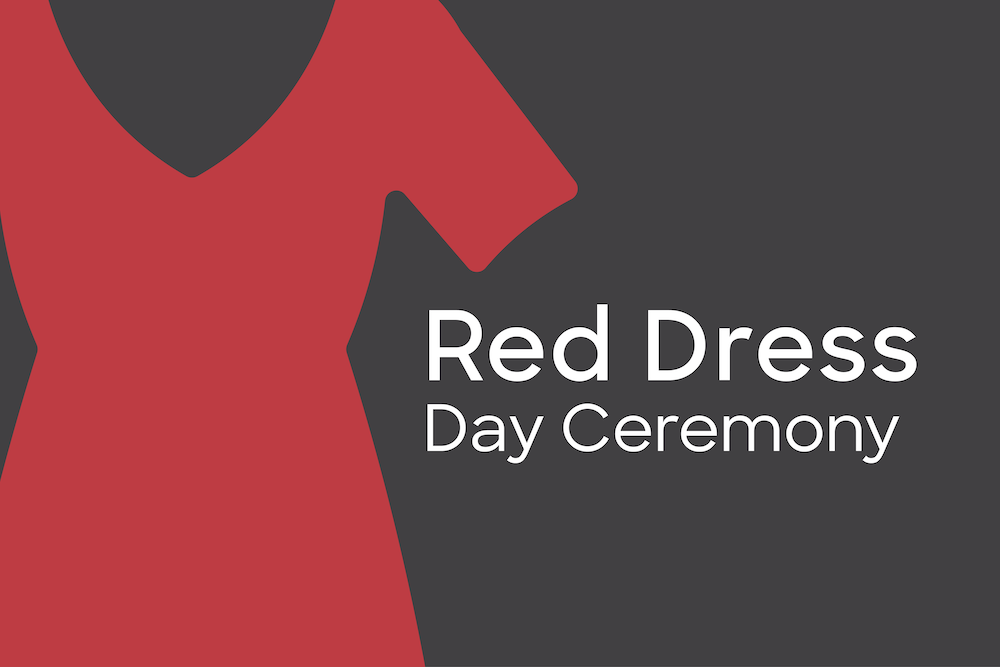 a graophic of a red dress on a black background with the words Red Dress Day Ceremony