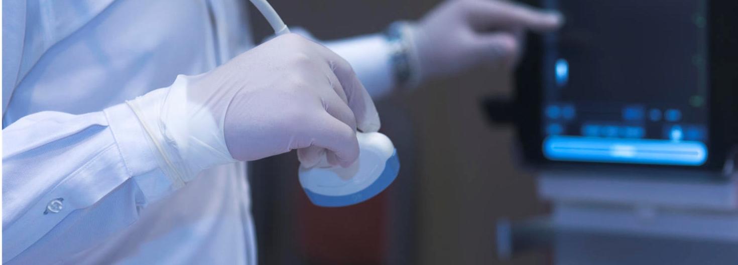 A person wearing gloves holds a medical ultrasound probe