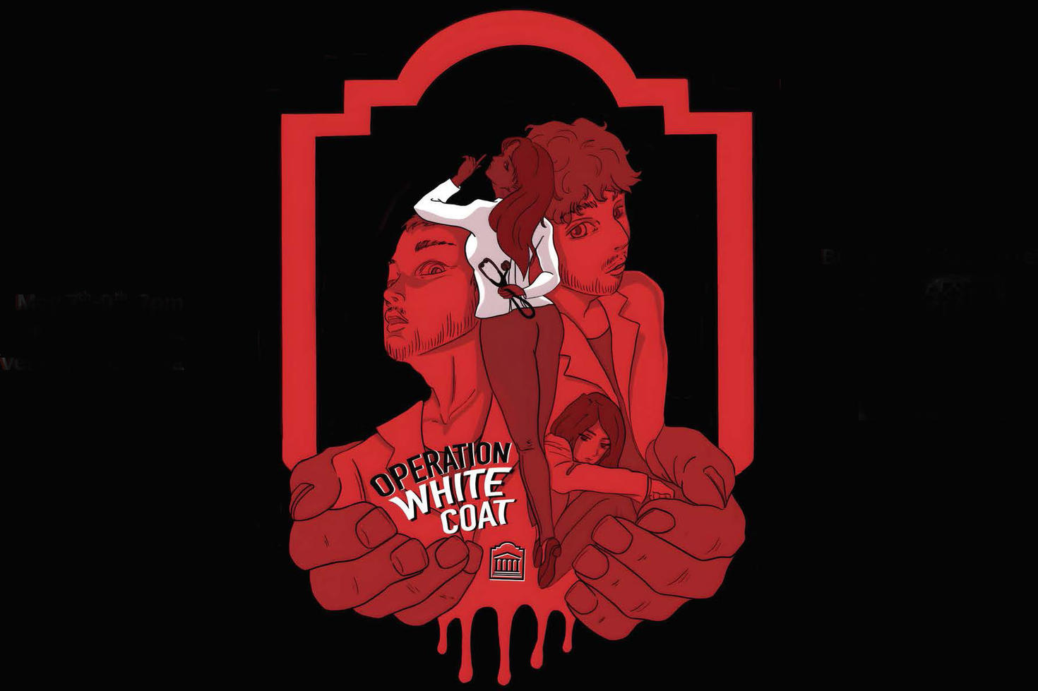 Red outline of Tabaret hall with the words Operation White Coat