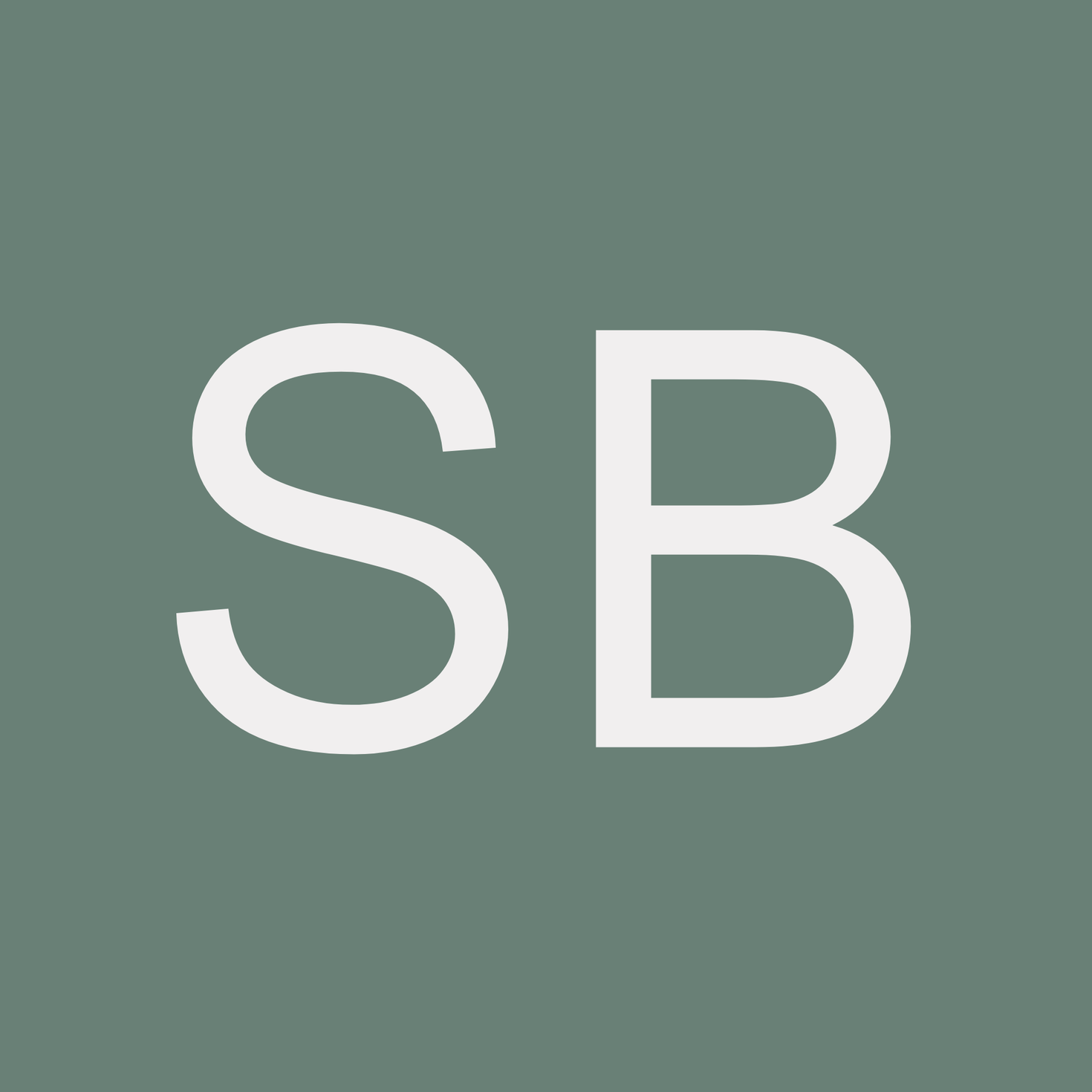 Large white S and B letters over a sage green background