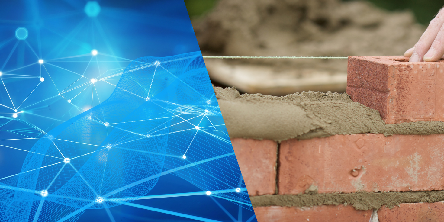 Digital network and brick wall under construction