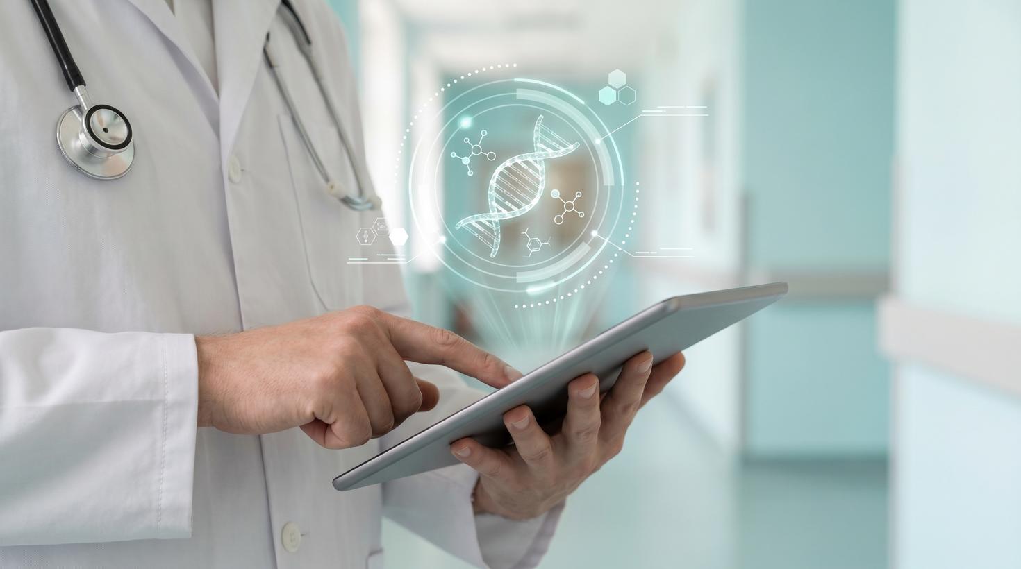 A healthcare professional using a tablet with a digital DNA graphic overlay, representing genomics and precision medicine.