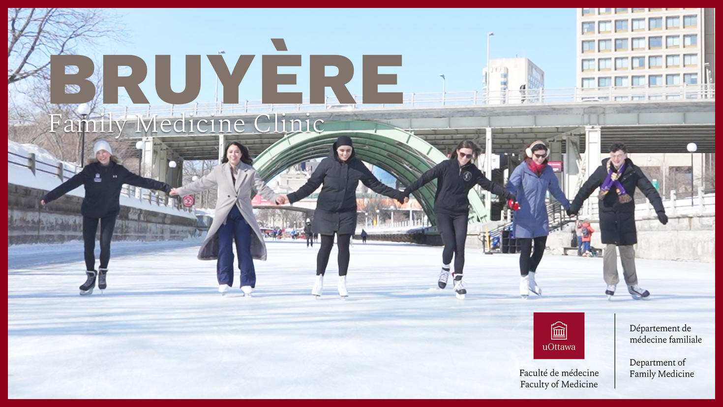 Six doctors with winter gear and skates on skating on the Rideau Canal Skateway holding hands.