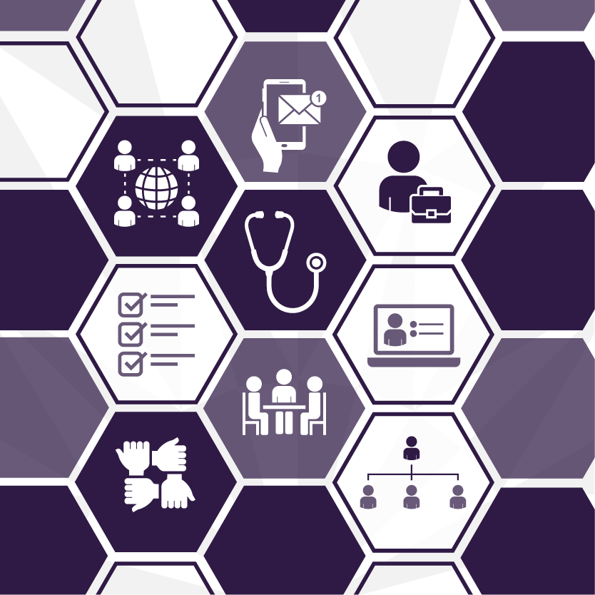 Healthcare icons of gloves, a global care network, a stethoscope, patient services, checklists, records