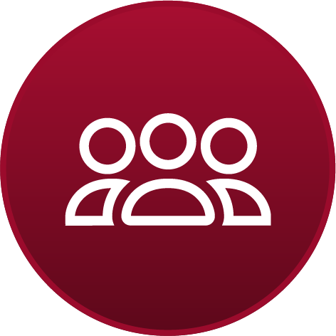 A white icon depicting three individuals over a garnet circle