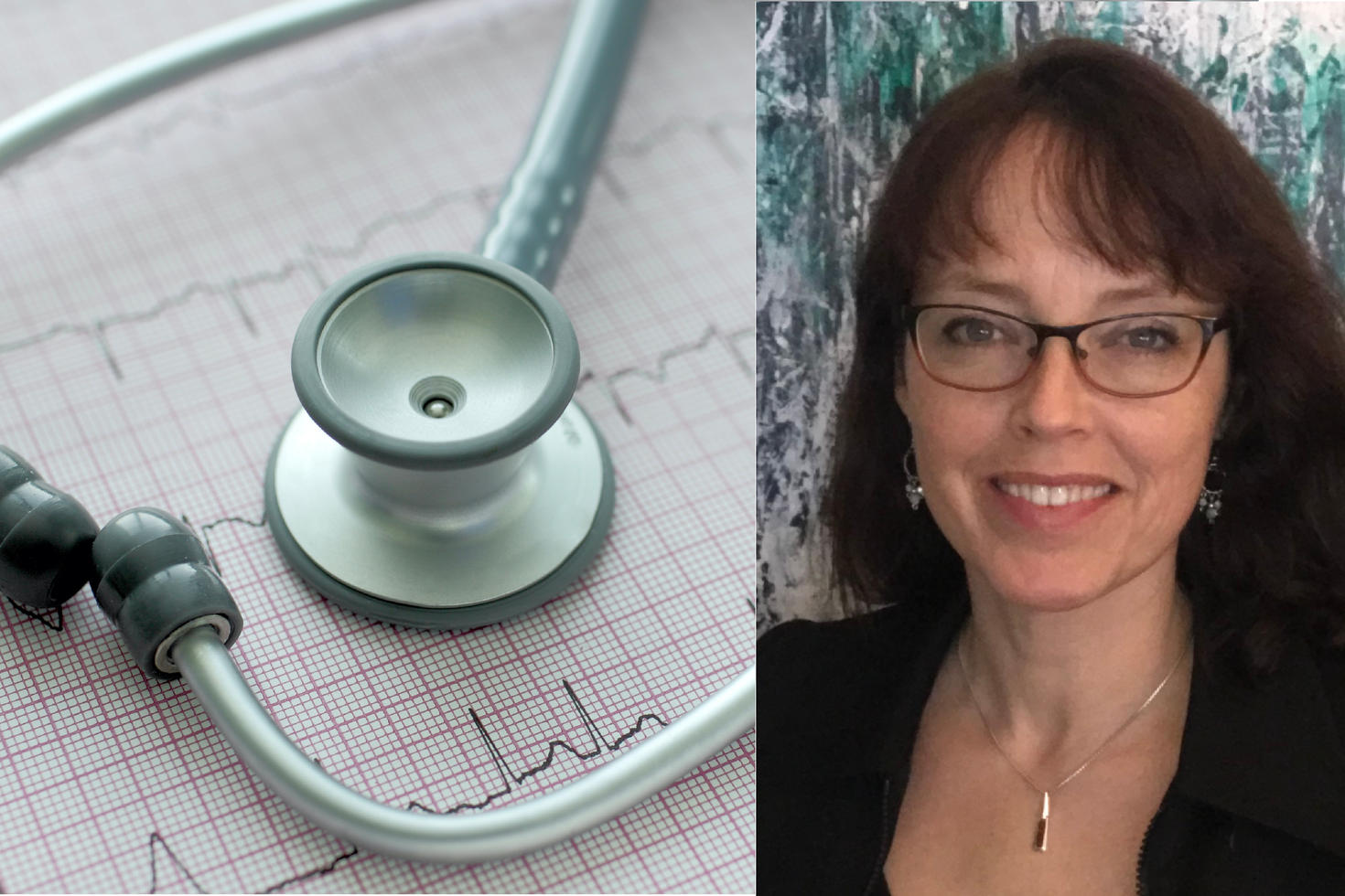 A headshot of Dr. Lise Bjerre beside a stock photo of a stethoscope