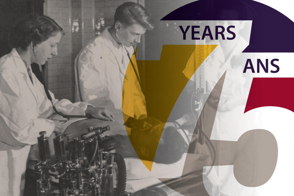 a dreamlike black-and-white vintage image of two young doctors and a young nurse in lab coats, beside a colorful graphic logo of the number 75