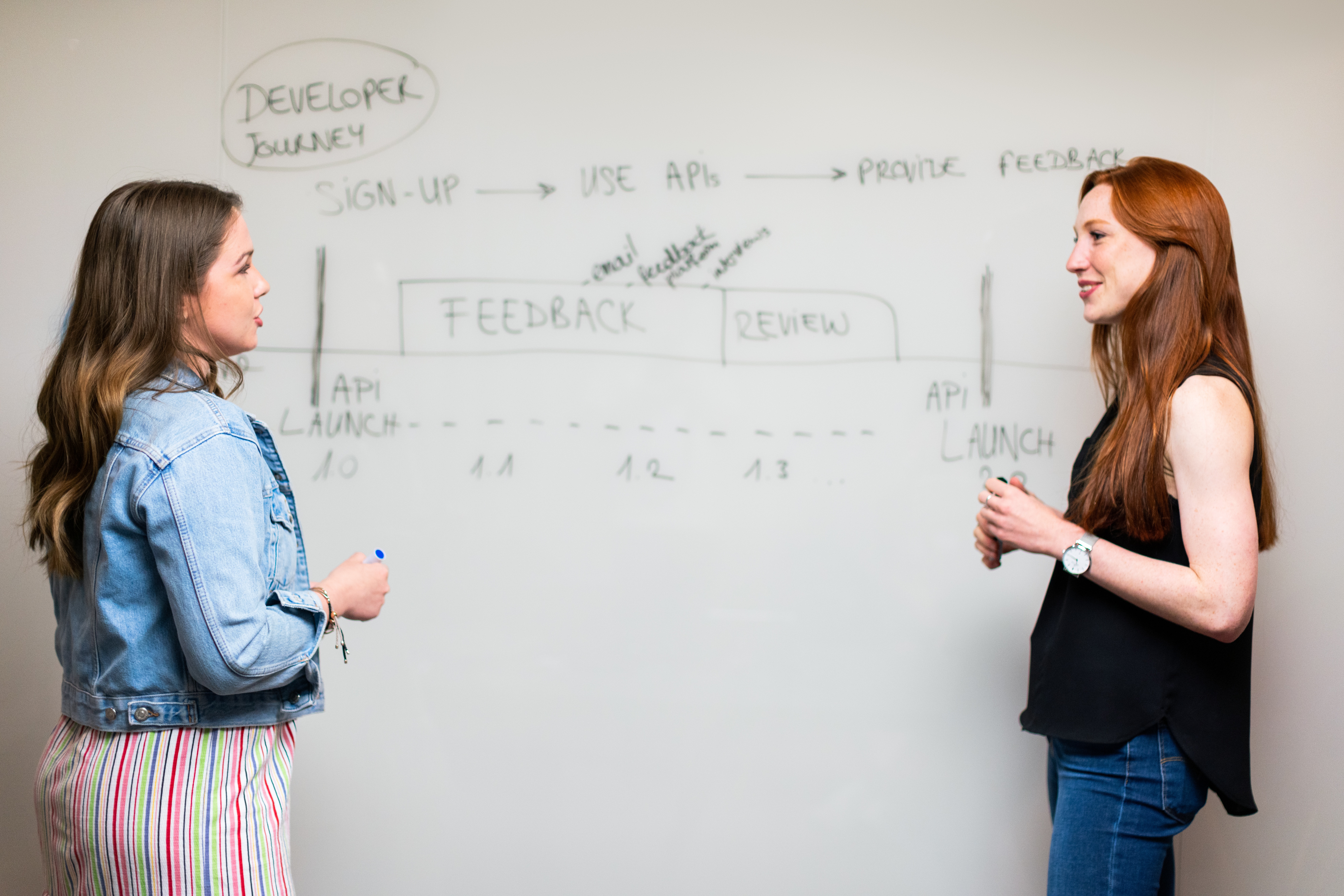 Two female students talking in front of a white board