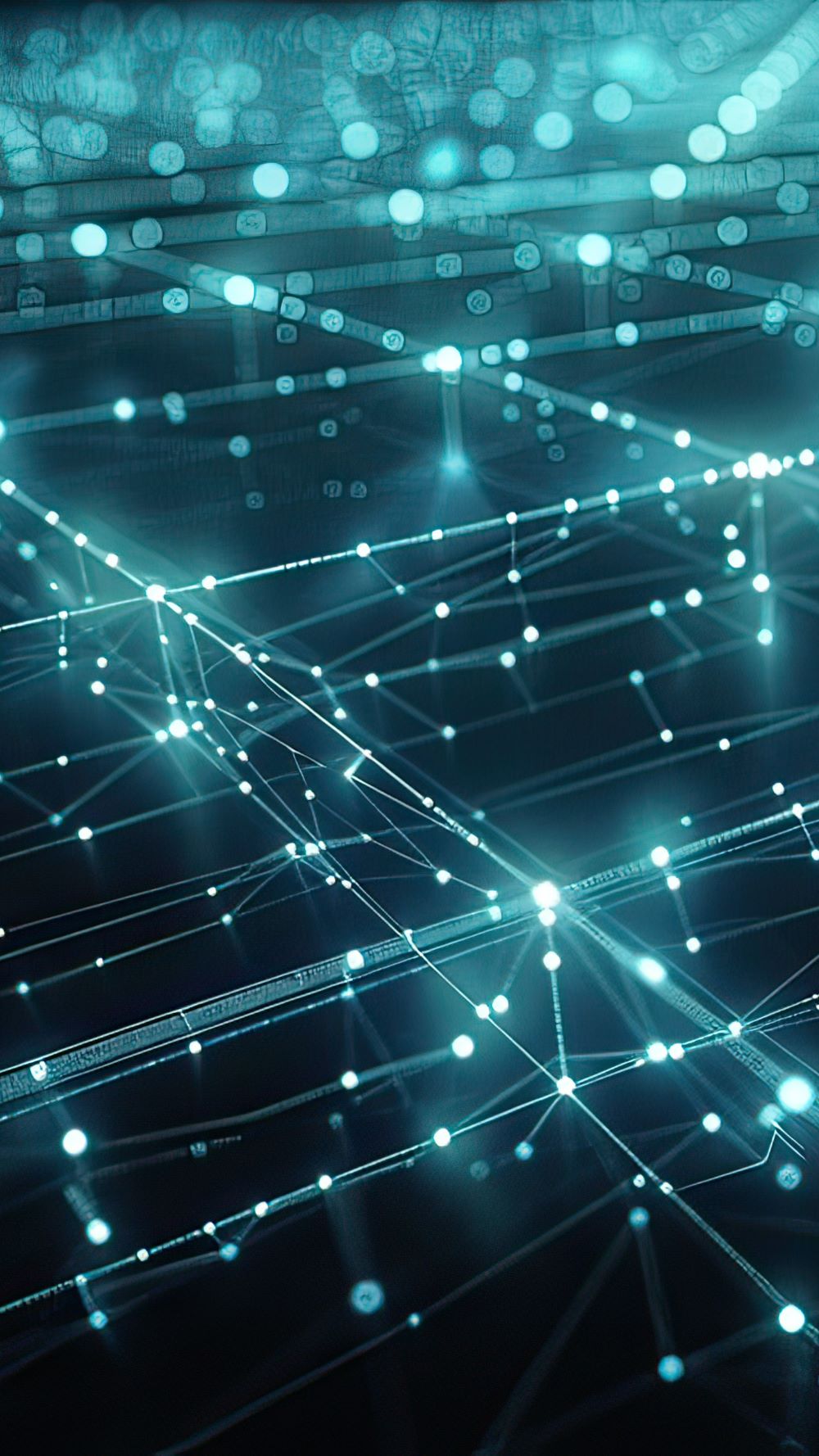 A textured grid background featuring glowing fractals and network connections, representing digital communication.  