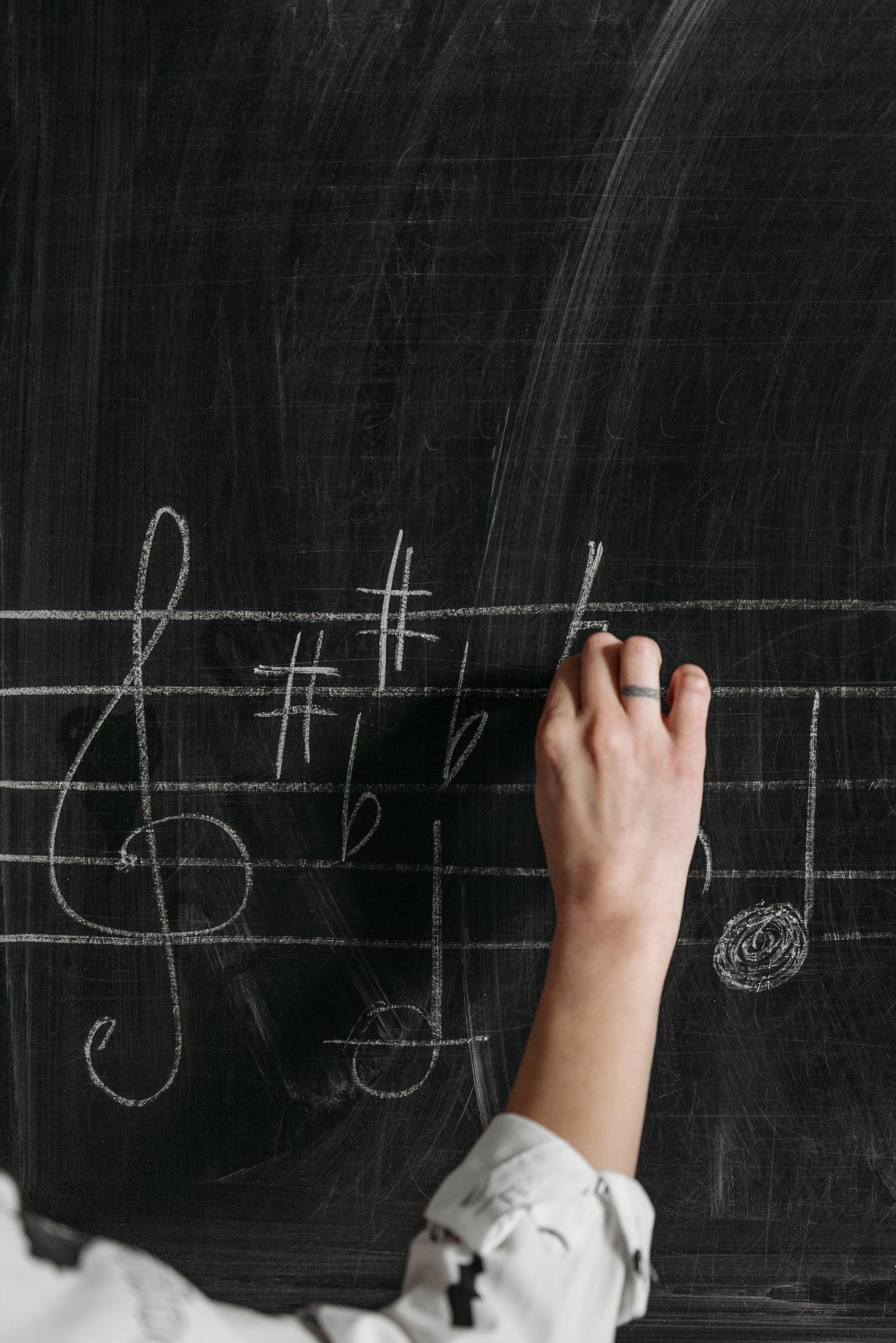 Person writing music notes on a blackboard