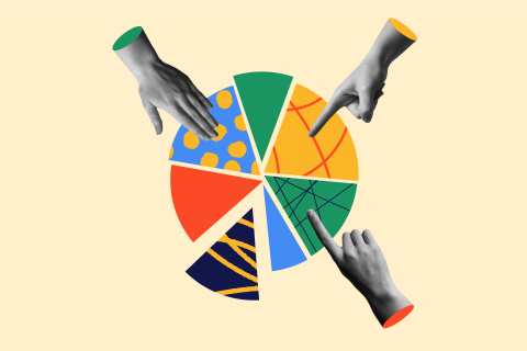 Graphic of hands pointing to pieces of a pie chart