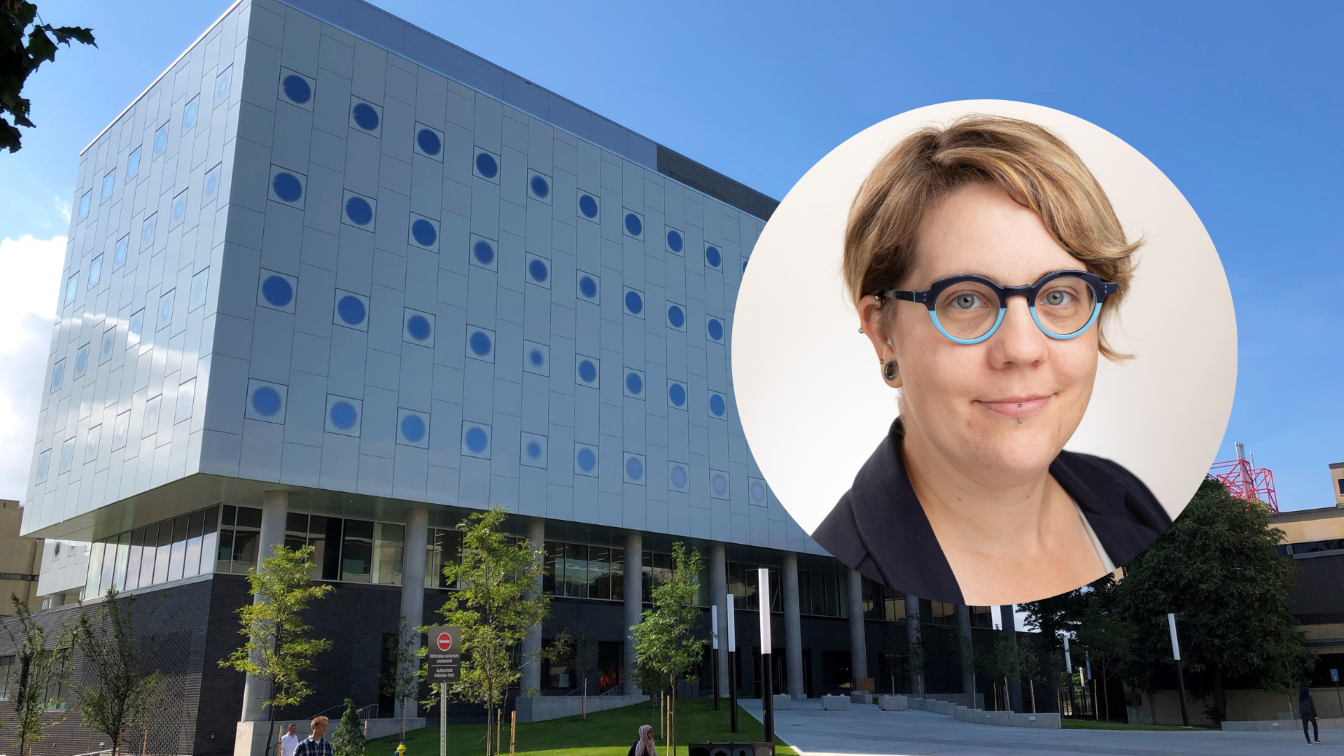 Alexandra Bourgouin circled photo in front of a picture of the STEM building