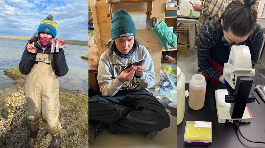 A Collage: Left photo: Birdie Lemaigre (student from Clearwater River Dënë School) holding up lake samples. Middle photo: Colby Lemaigre (student from Clearwater River Dënë School) learning how to make seal skin mittens in a fishing camp near Cambridge Bay, Nunavut. Right photo: Ava Haynes (student from Clearwater River Dënë School) looking at algae in the water samples through a microscope. 