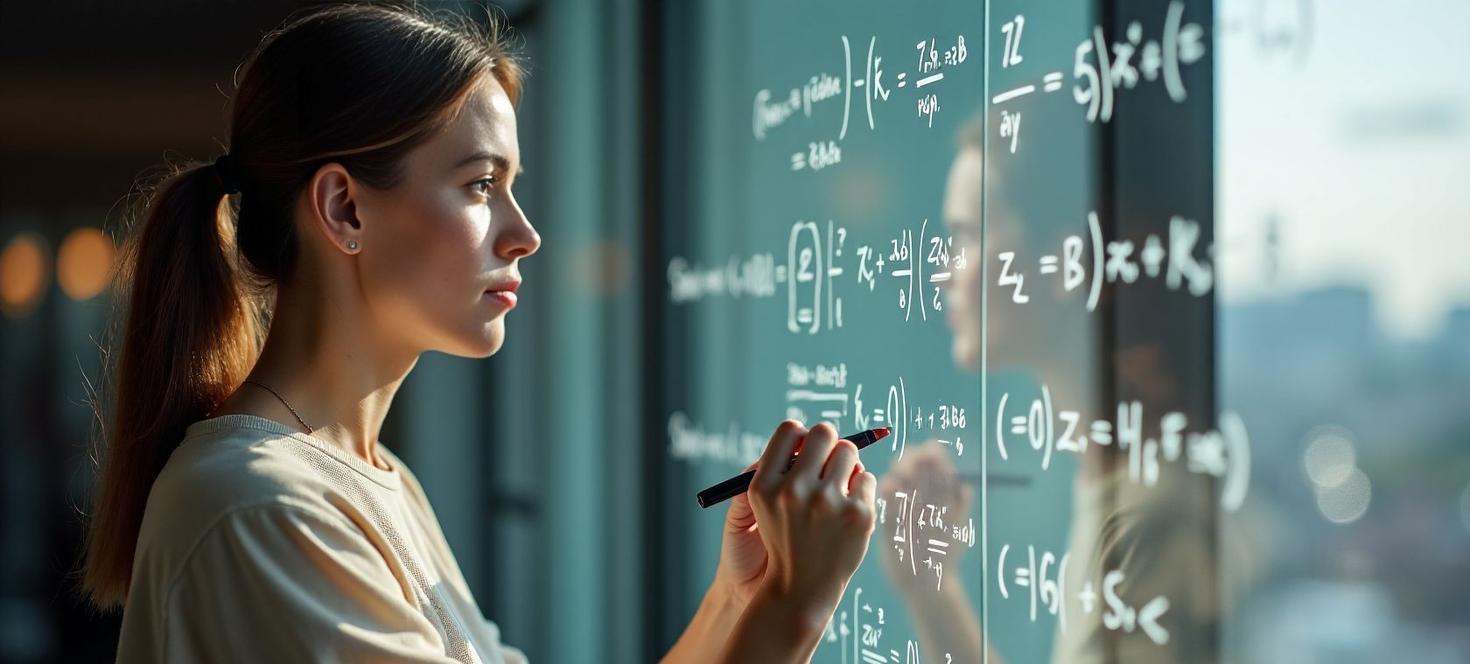 Female student solving equations on glass