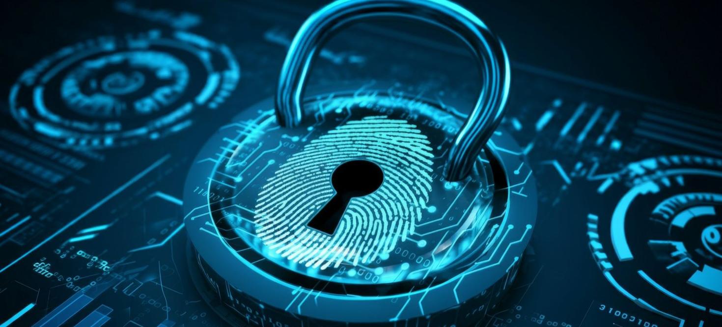 Glowing blue digital fingerprint holograms hovering above a global network of connected nodes representing secure authentication and verification for blockchain ... 