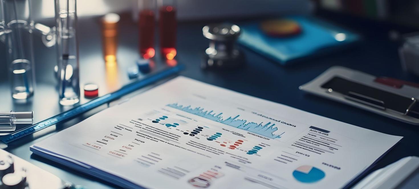 Detailed scientific research paper with medical charts and statistics laid out on a desk workspace 