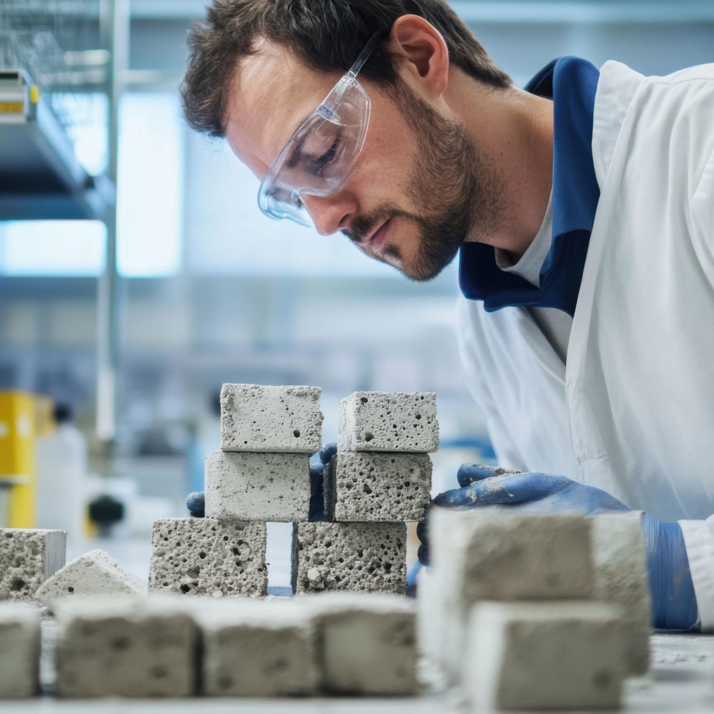 A material scientist researching self healing concrete for infrastructure, lab with concrete samples, crack testing equipment 