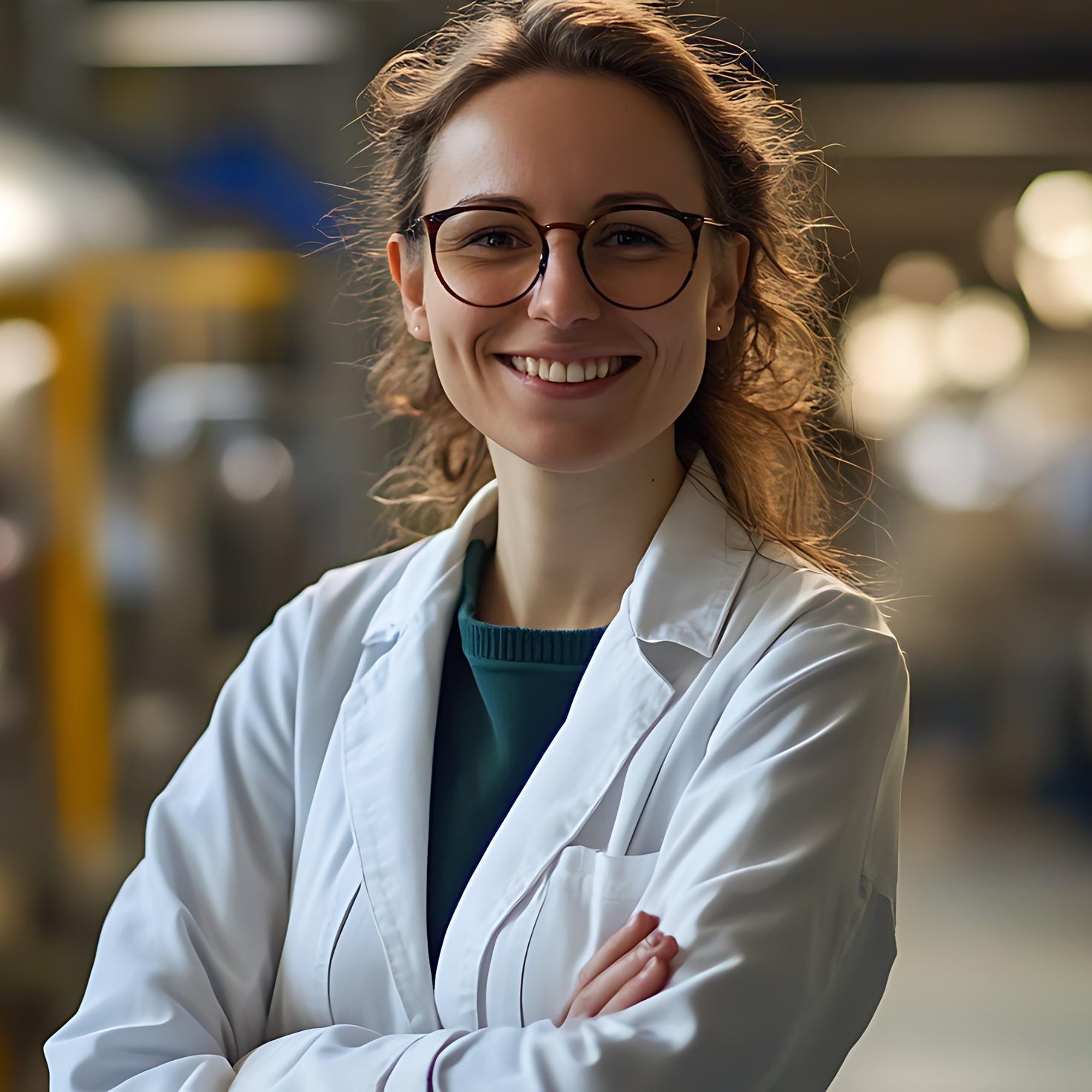 Female student wearing a lab coat and smiling at the camera