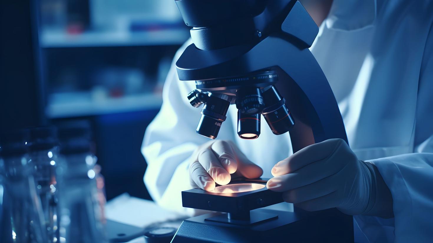 Close up on hands manipulating a sample under a microscope