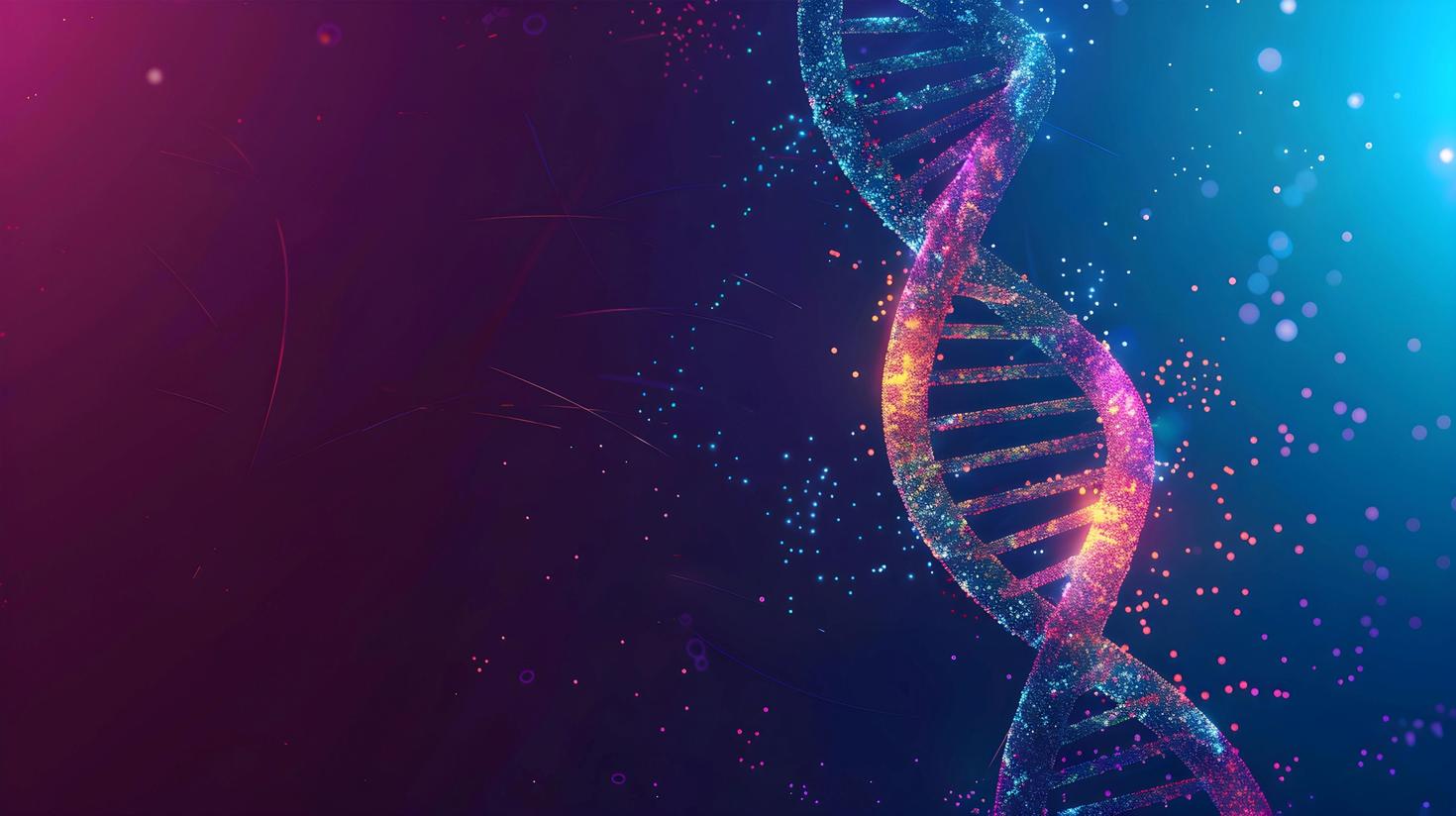 A digital artwork of a DNA double helix structure sparkling with neon lights on a dark cosmic background.