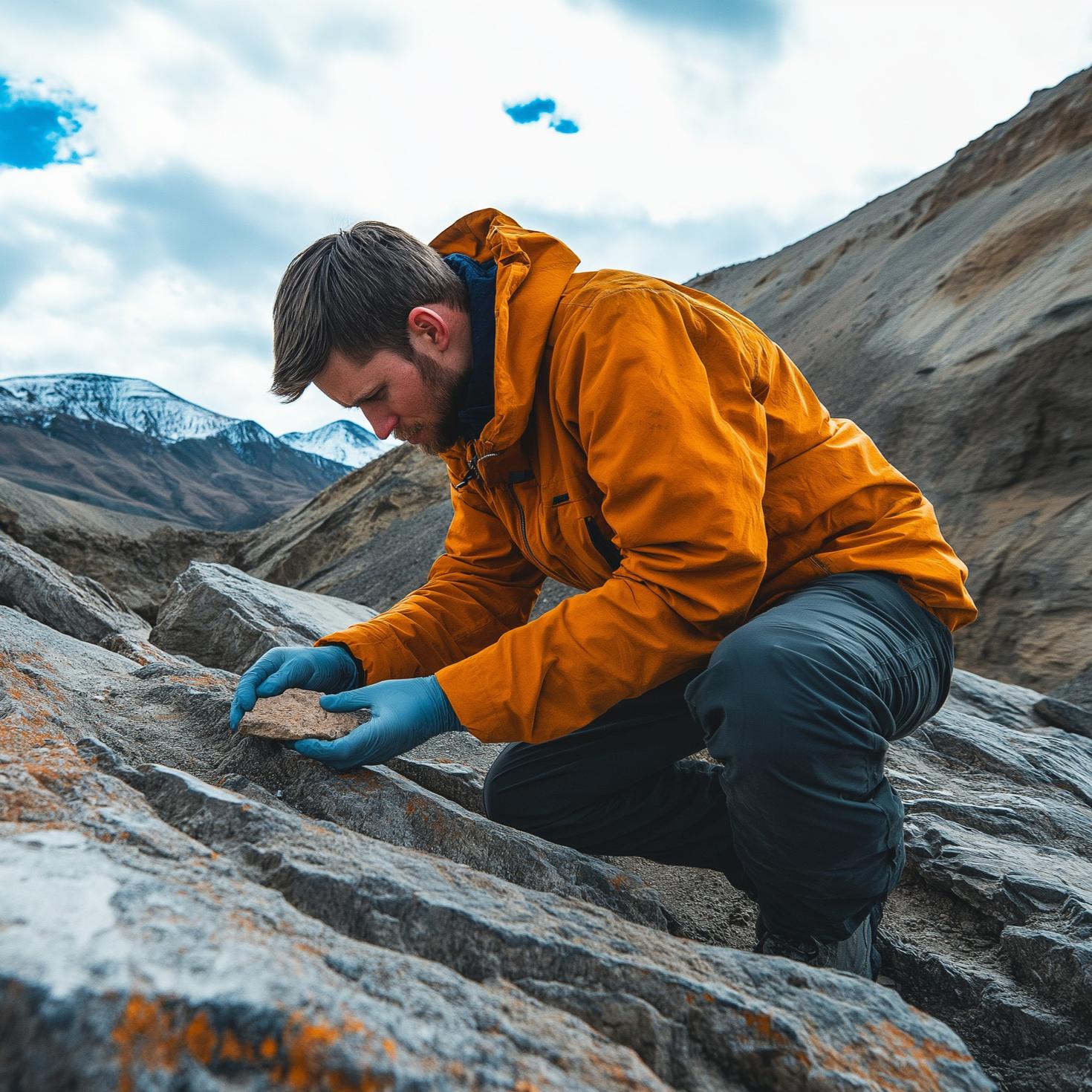 Male researcher looking at rocks outside