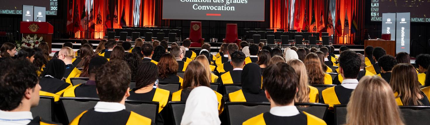 Graduate in their gowns seen from behind looking at the convocation stage.