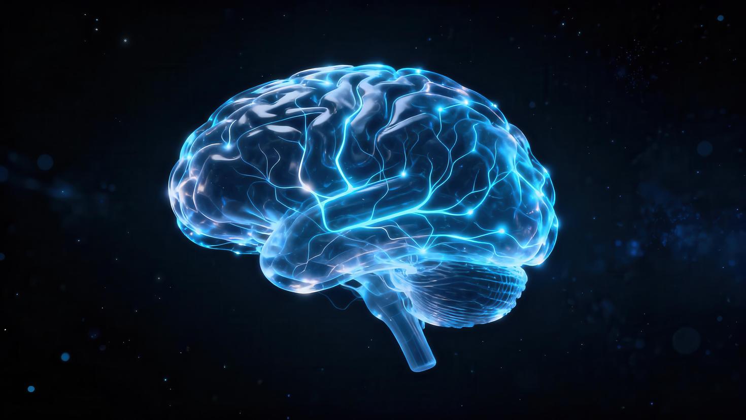 Futuristic glowing blue human brain rendering displaying.