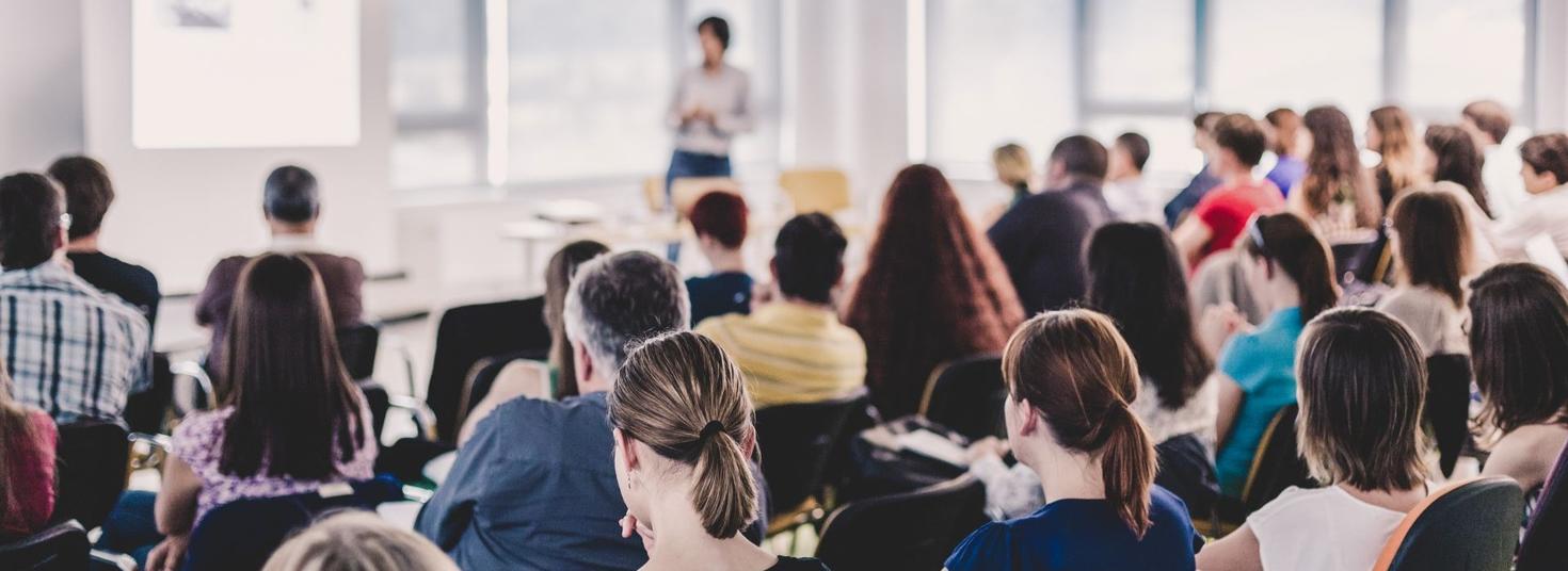 Crowd seen from behind at a seminar.