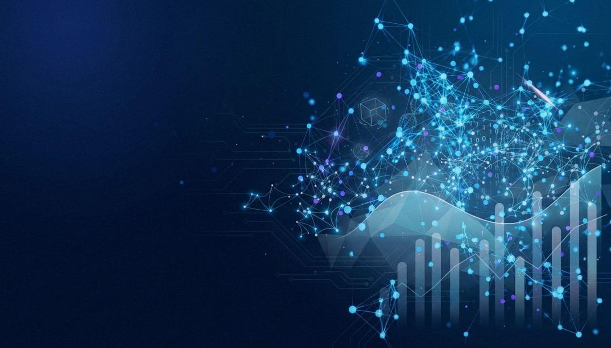 Abstract Futuristic Blue FinTech Digital Technology Background with Glowing Network Nodes, Big Data Visualization, and Financial Growth Bar Charts.