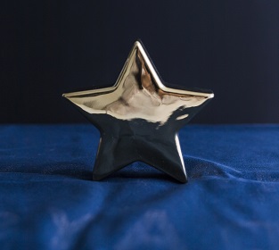silver star standing on blue sheet with black background