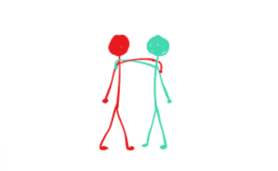 Two stick people standing with one arm over each other's shoulder.