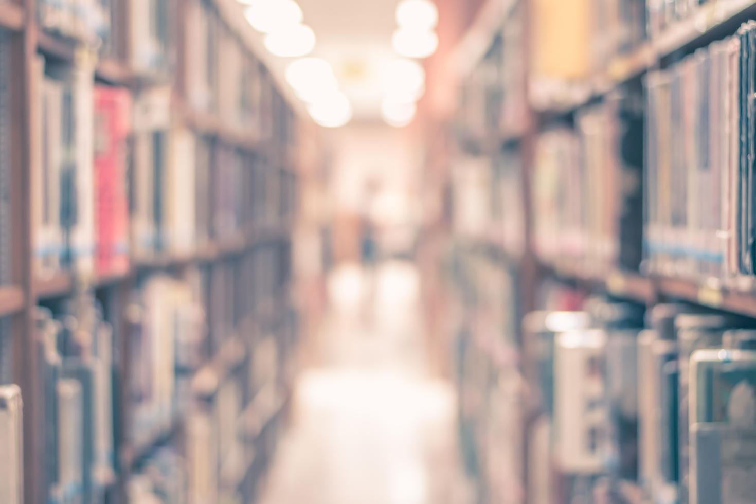 view between a row of bookshelves