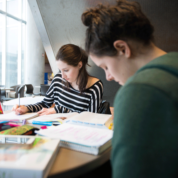 Two students sitting at a table studying.