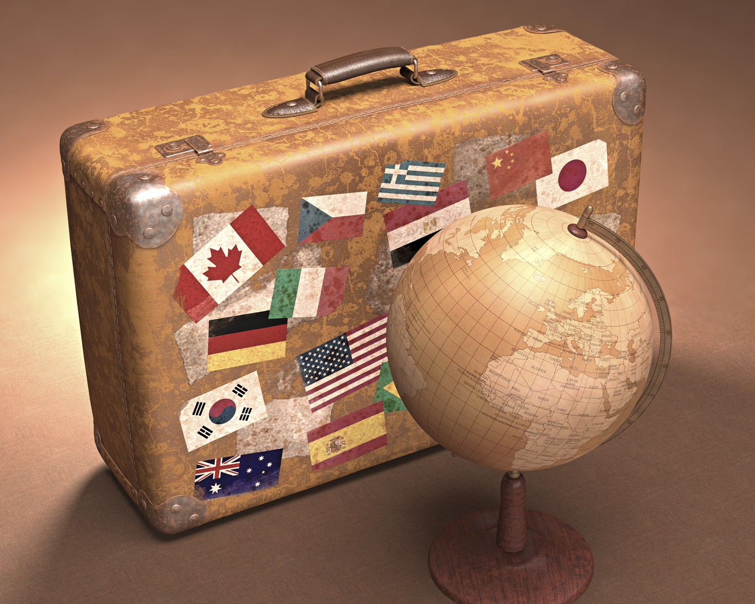 Picture of a bag with some little international flags on it. 